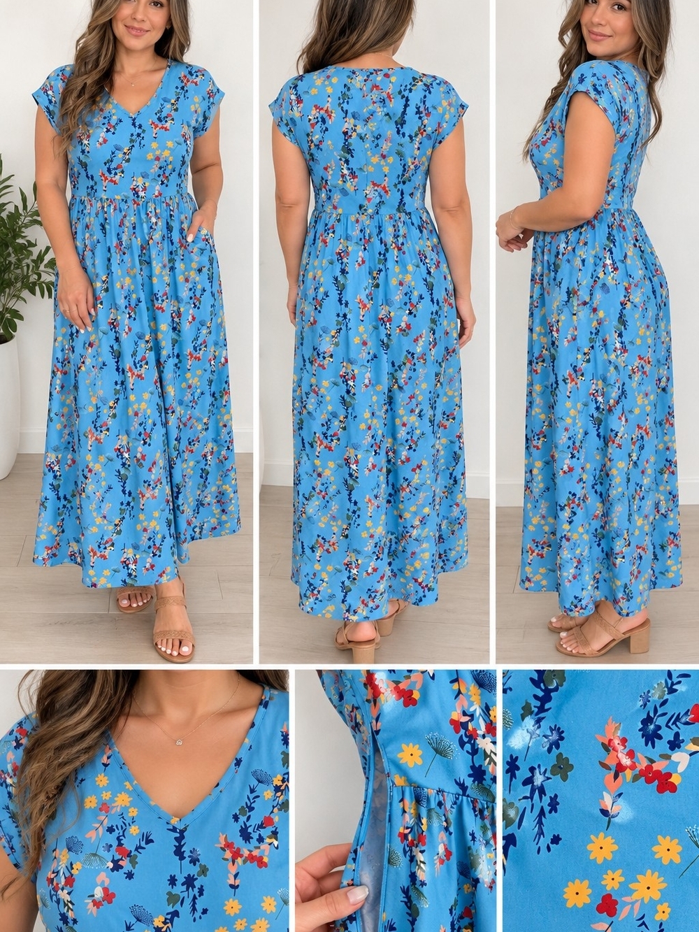 Blue Floral Maxi Dress with V-Neck